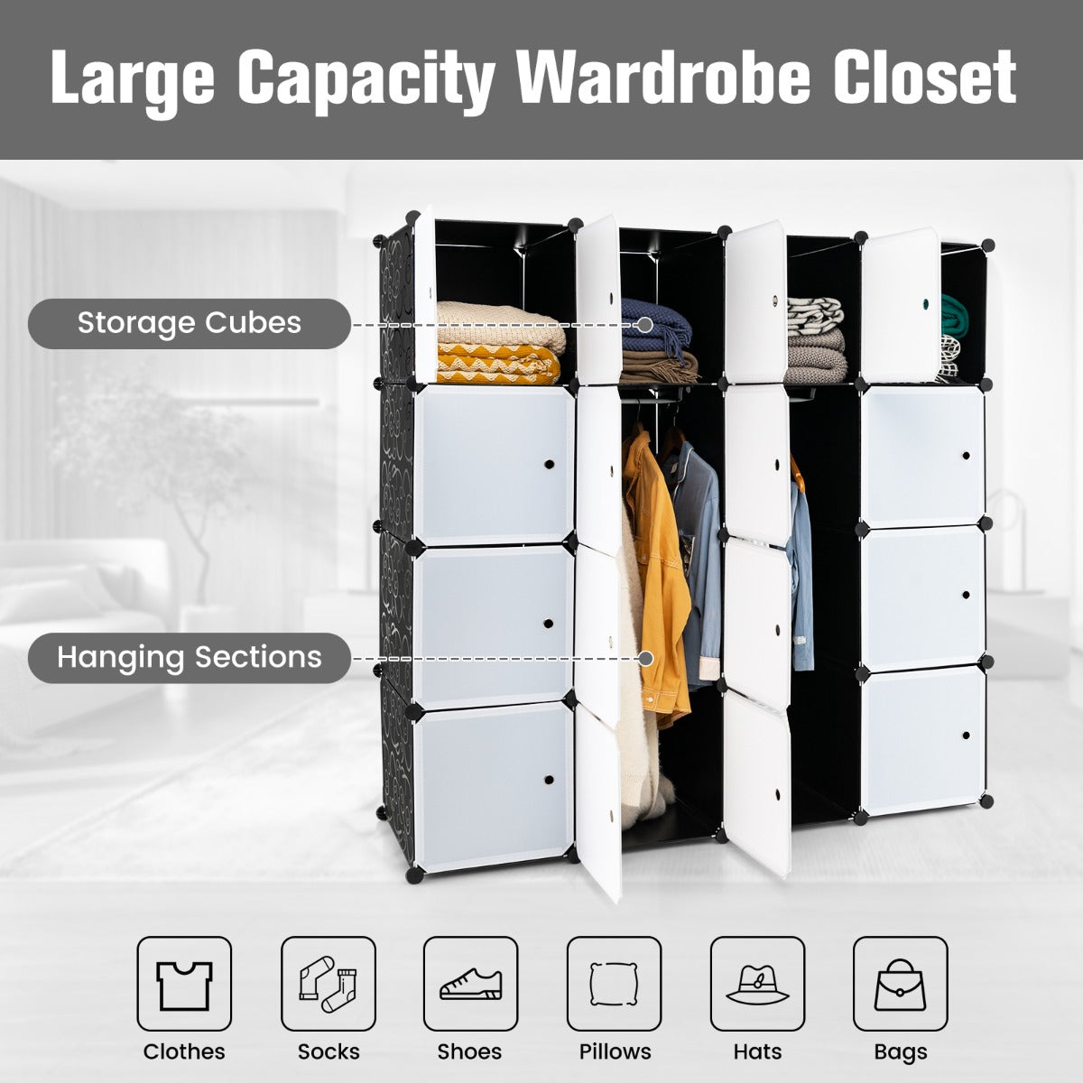 NNECW 16-Cube Storage Organizer with 16 Doors & 2 Hanging Rods for Clothes