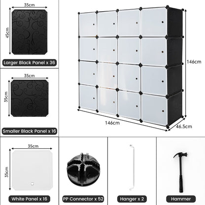 NNECW 16-Cube Storage Organizer with 16 Doors & 2 Hanging Rods for Clothes