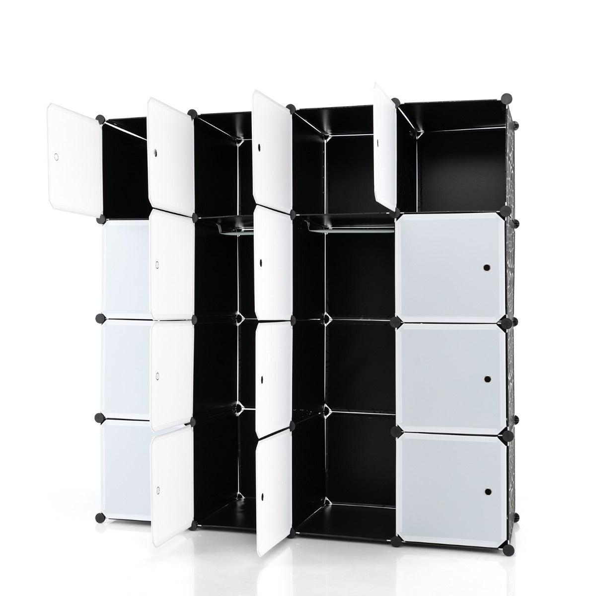 NNECW 16-Cube Storage Organizer with 16 Doors & 2 Hanging Rods for Clothes
