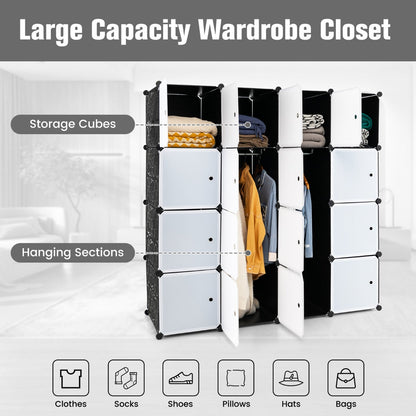 NNECW 16-Cube Storage Organizer with 16 Doors & 2 Hanging Rods for Clothes